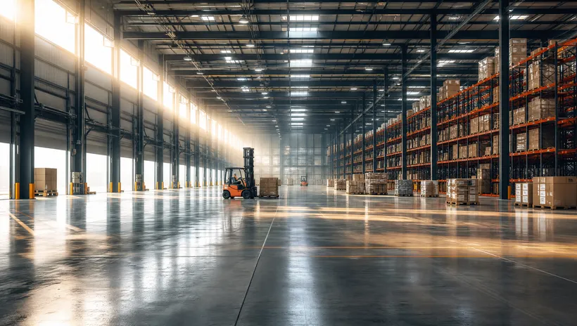 Forklift operating in a large warehouse