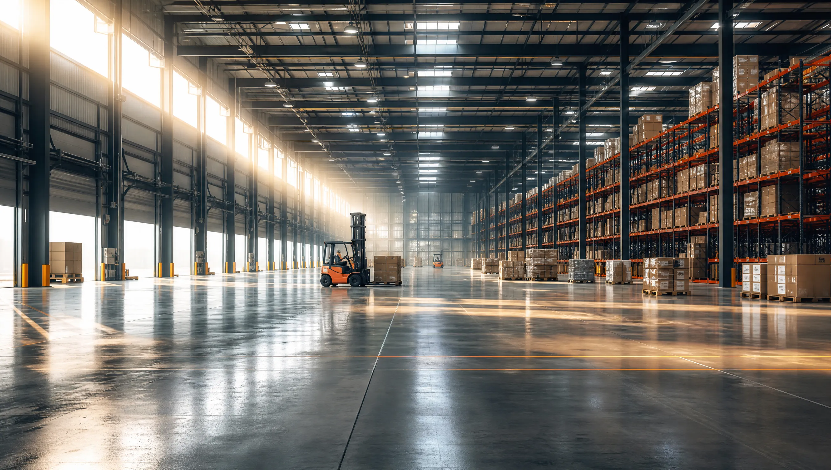 Forklift operating in a large warehouse