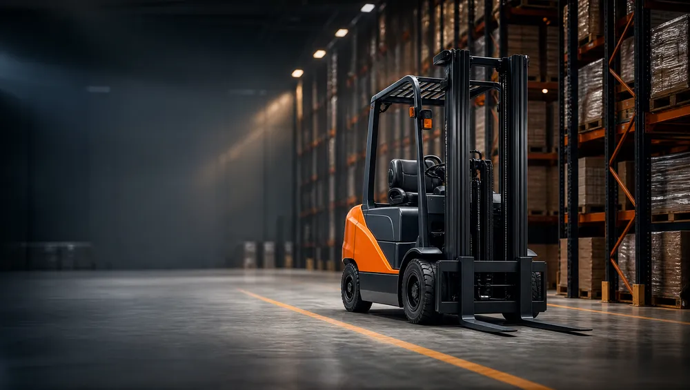 Electric Class I counterbalance forklift charging in warehouse