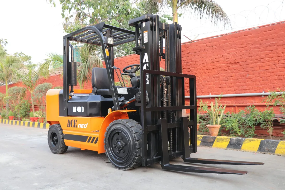 Orange propane counterbalance forklift in warehouse aisle