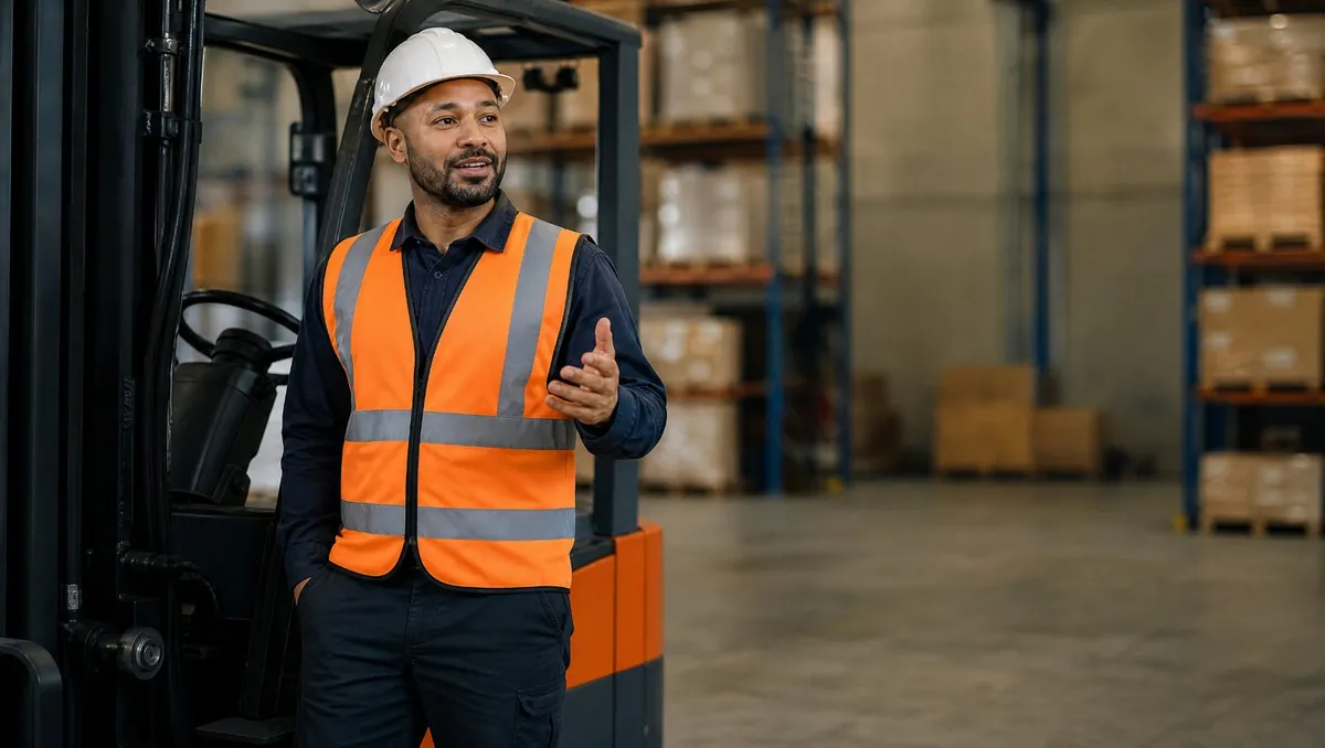 Warehouse worker operating forklift in distribution center